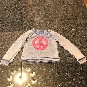 blue and pink peace sign long sleeve shirt